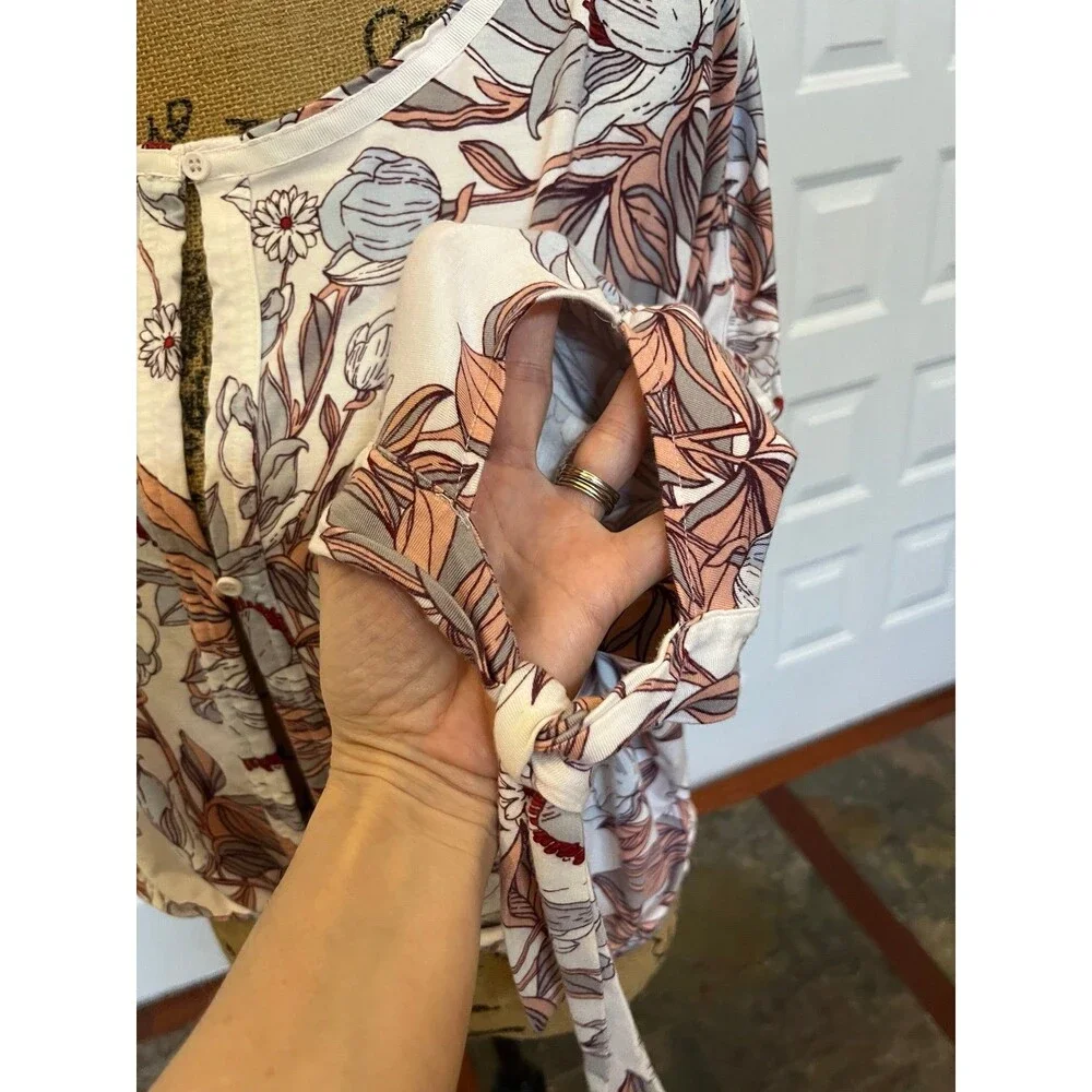 Free People Keepin On Ballet Pink Floral 3/4 Length Tie Sleeve Boho Blouse XS